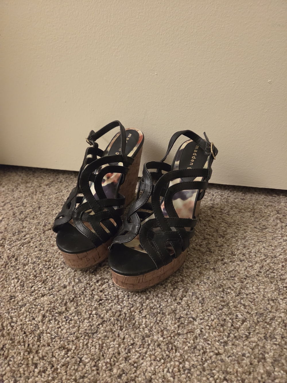 Madden Girl Black Strappy Cork Wedge Sandals